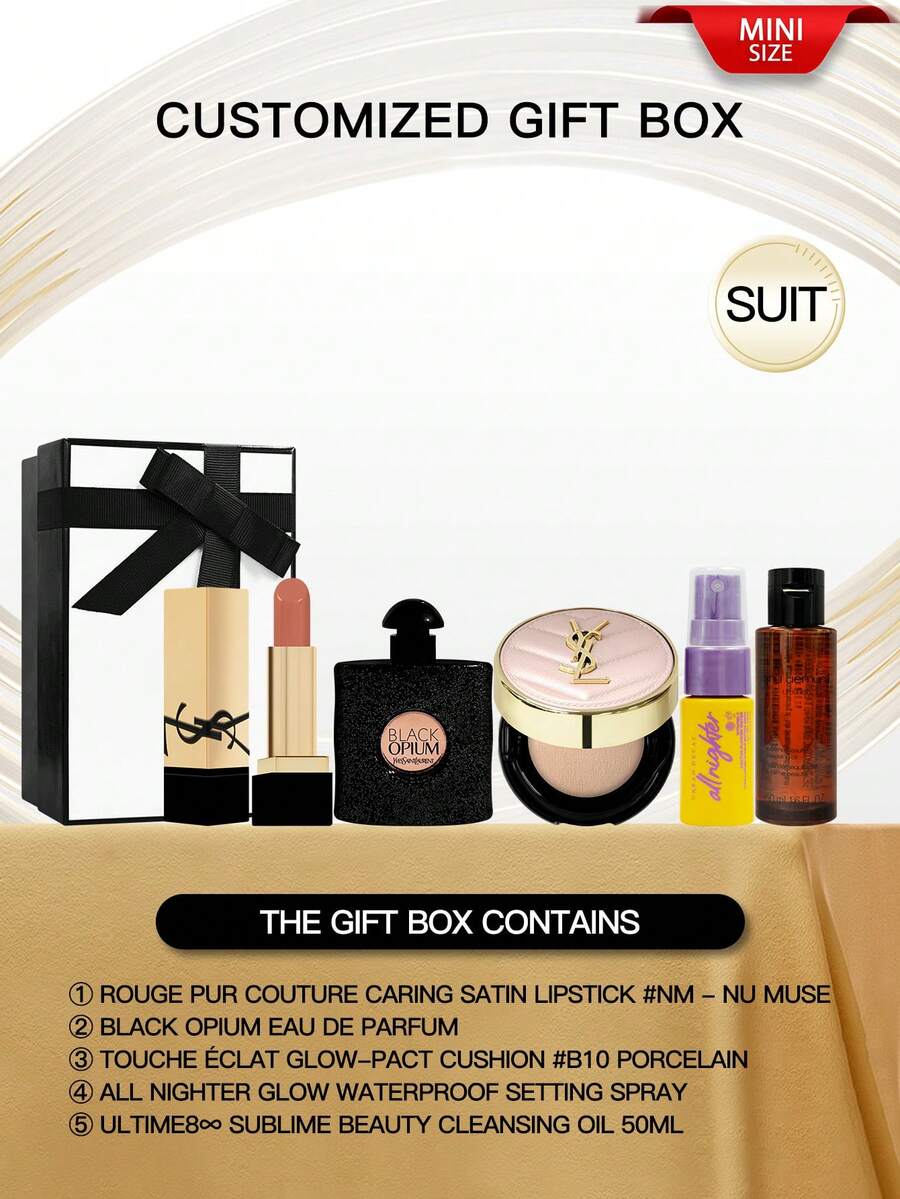 Yves Saint Laurent [Custom Set] YSL ROUGE PUR COUTURE NM 1.3g  YSL EAU DE PARFUM BLACK OPIUM 7ml YSL TOUCHE ECLAT GLOW-PACT CUSHION B10# 5g  URBAN DECAY All Nighter Long Lasting Makeup Setting Spray Hydrating 15ml Shu Uemura Ultime8  Tsubaki Cleansing Oi