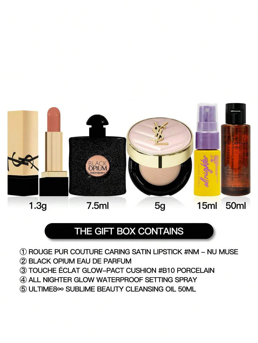 Yves Saint Laurent [Custom Set] YSL ROUGE PUR COUTURE NM 1.3g  YSL EAU DE PARFUM BLACK OPIUM 7ml YSL TOUCHE ECLAT GLOW-PACT CUSHION B10# 5g  URBAN DECAY All Nighter Long Lasting Makeup Setting Spray Hydrating 15ml Shu Uemura Ultime8  Tsubaki Cleansing Oi
