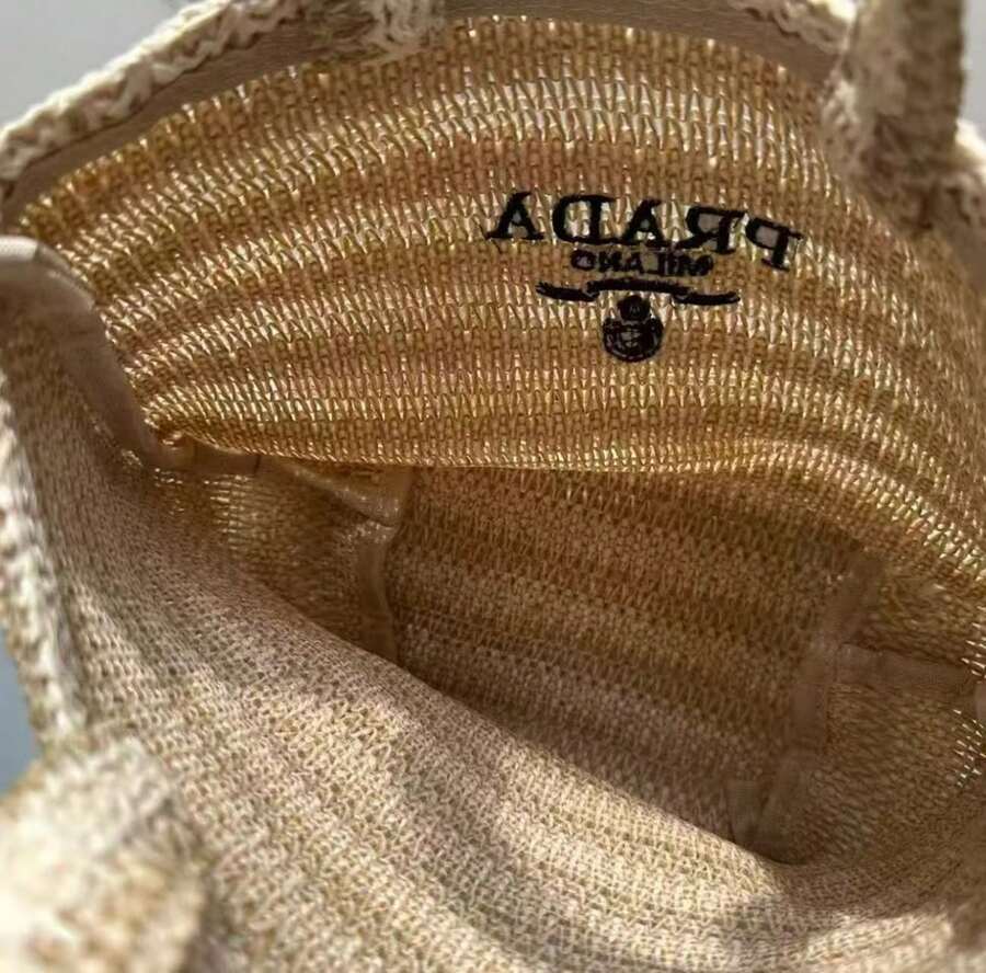 Prada Straw Tote Bag, Striped Design, Large Capacity, Crossbody, Suitable For Beach, Fashionable