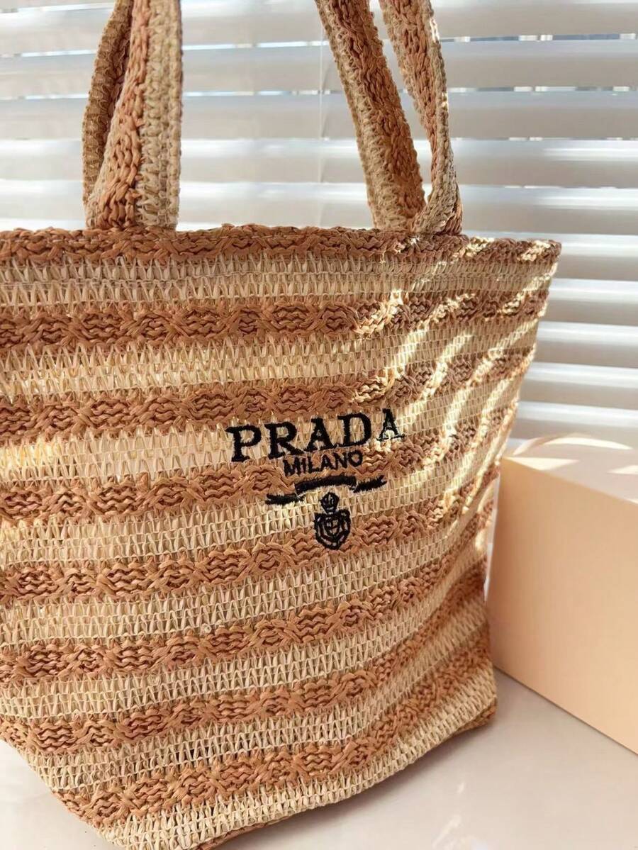 Prada Straw Tote Bag, Striped Design, Large Capacity, Crossbody, Suitable For Beach, Fashionable