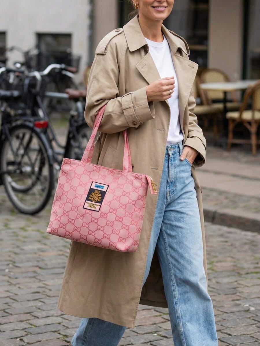 Gucci 1pc Large Capacity Tote Bag, Portable Storage Bag, Available In Pink And Gray, Unisex Minimalist Style Cosmetic Bag