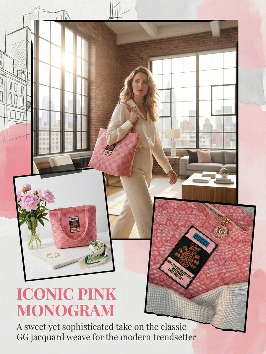 Gucci 1pc Large Capacity Tote Bag, Portable Storage Bag, Available In Pink And Gray, Unisex Minimalist Style Cosmetic Bag