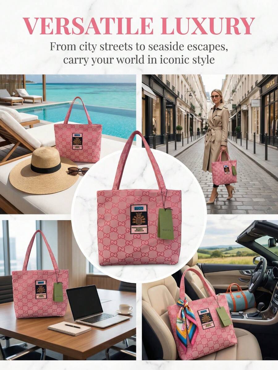Gucci 1pc Large Capacity Tote Bag, Portable Storage Bag, Available In Pink And Gray, Unisex Minimalist Style Cosmetic Bag