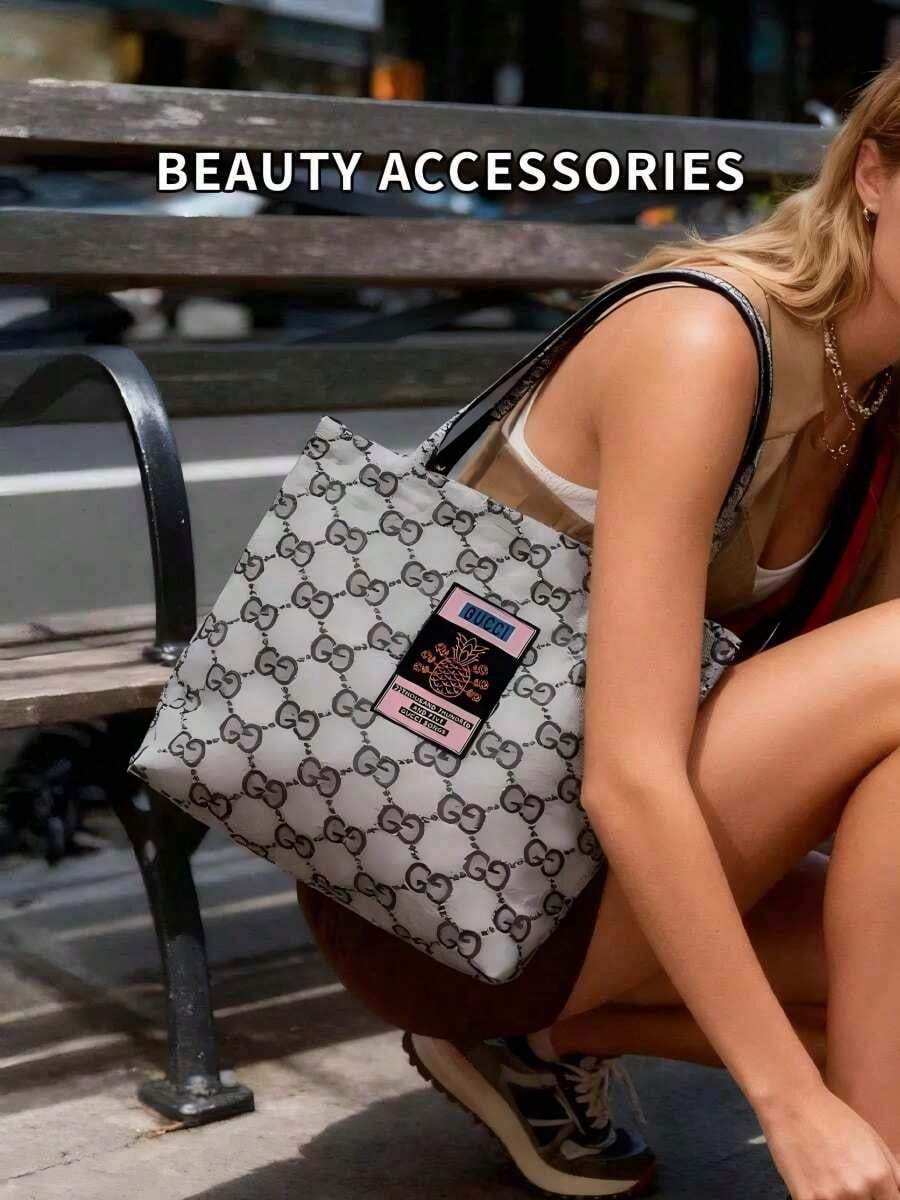 Gucci 1pc Large Capacity Tote Bag, Portable Storage Bag, Available In Pink And Gray, Unisex Minimalist Style Cosmetic Bag