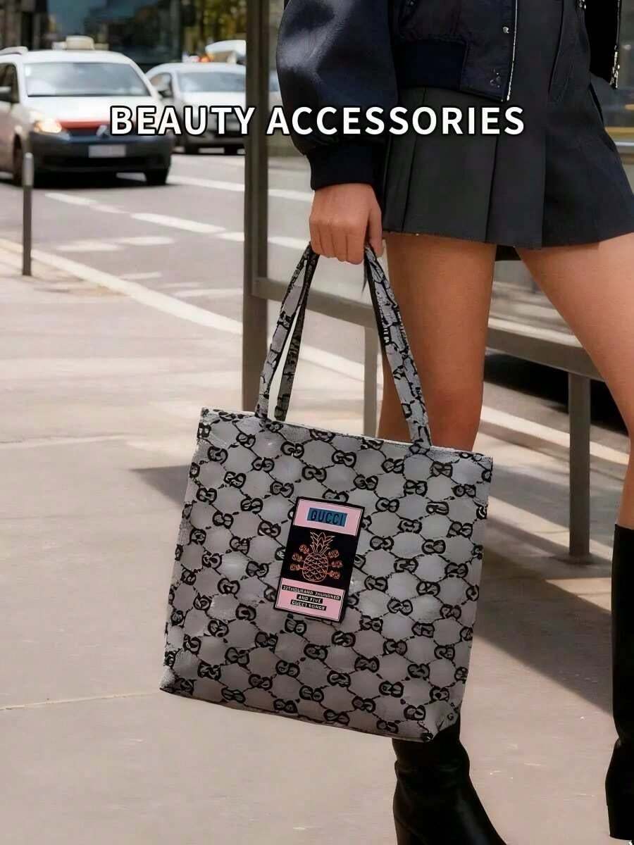 Gucci 1pc Large Capacity Tote Bag, Portable Storage Bag, Available In Pink And Gray, Unisex Minimalist Style Cosmetic Bag