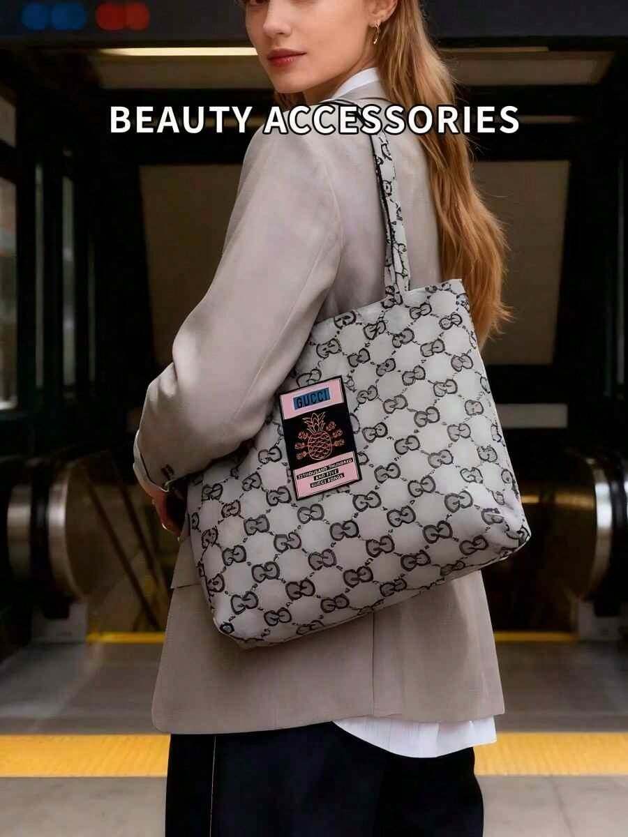 Gucci 1pc Large Capacity Tote Bag, Portable Storage Bag, Available In Pink And Gray, Unisex Minimalist Style Cosmetic Bag