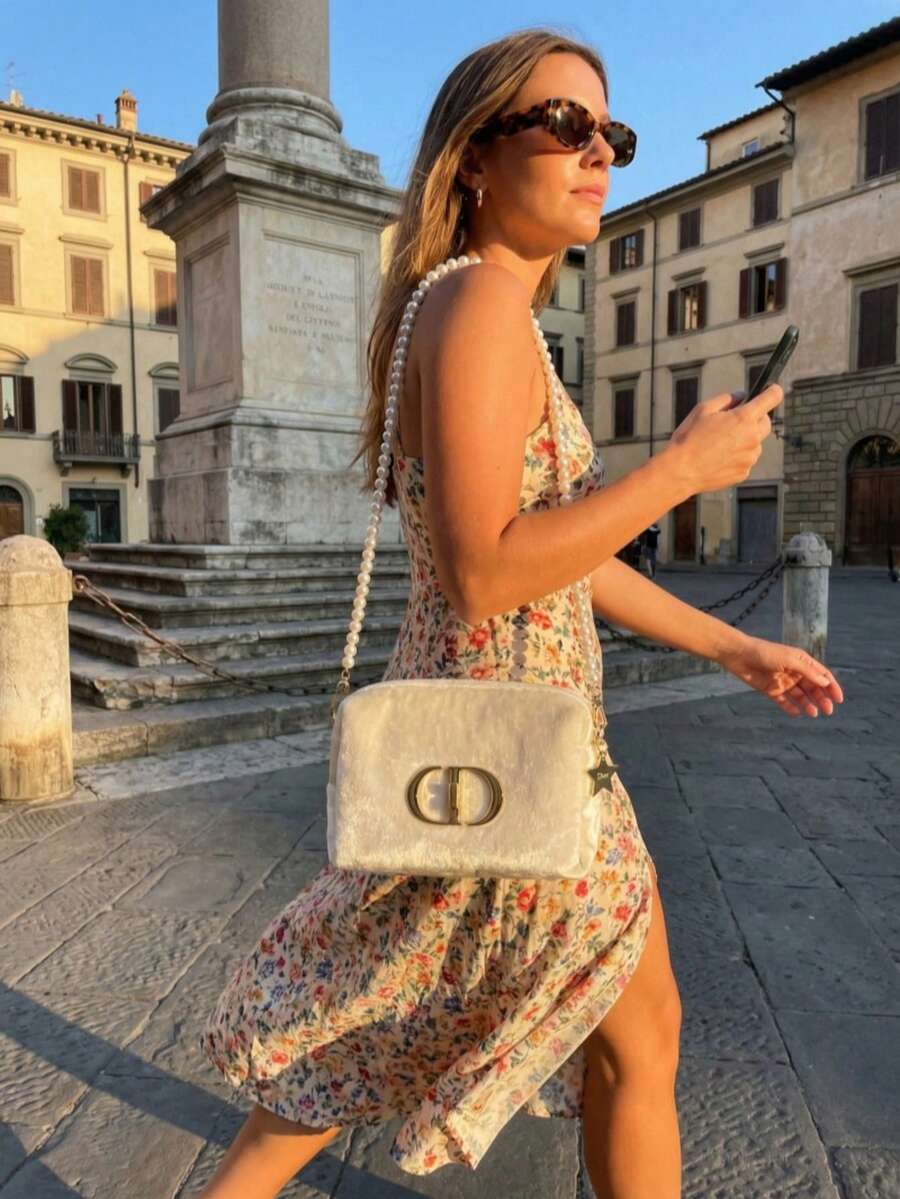 Dior 1pc Detachable Pearl Chain Mini Cream Velvet Shoulder Bag - Luxury Elegant Style, Metal CD Logo Badge And Star Charm Details, Rectangular, Multifunctional Evening Bag Suitable For Weddings And Events