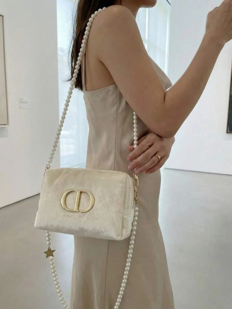 Dior 1pc Detachable Pearl Chain Mini Cream Velvet Shoulder Bag - Luxury Elegant Style, Metal CD Logo Badge And Star Charm Details, Rectangular, Multifunctional Evening Bag Suitable For Weddings And Events