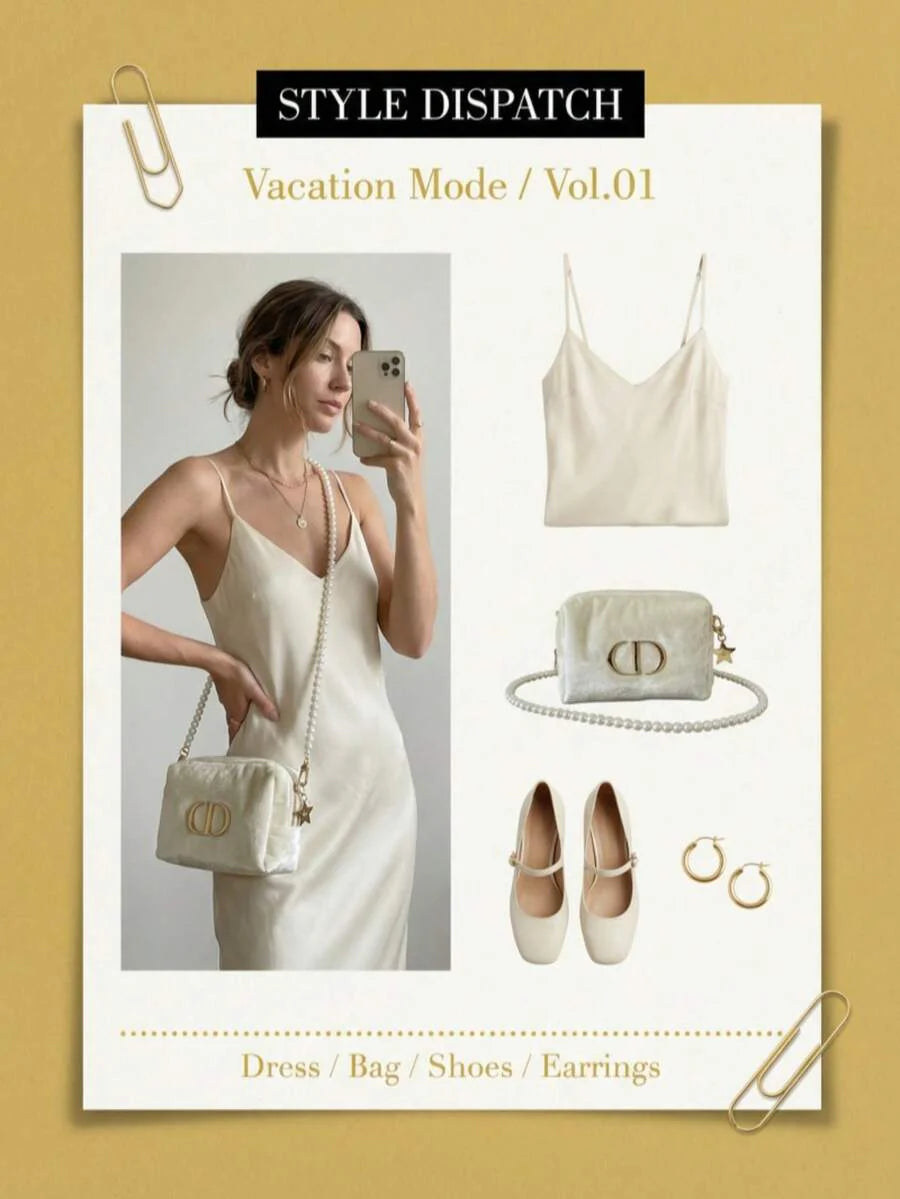 Dior 1pc Detachable Pearl Chain Mini Cream Velvet Shoulder Bag - Luxury Elegant Style, Metal CD Logo Badge And Star Charm Details, Rectangular, Multifunctional Evening Bag Suitable For Weddings And Events