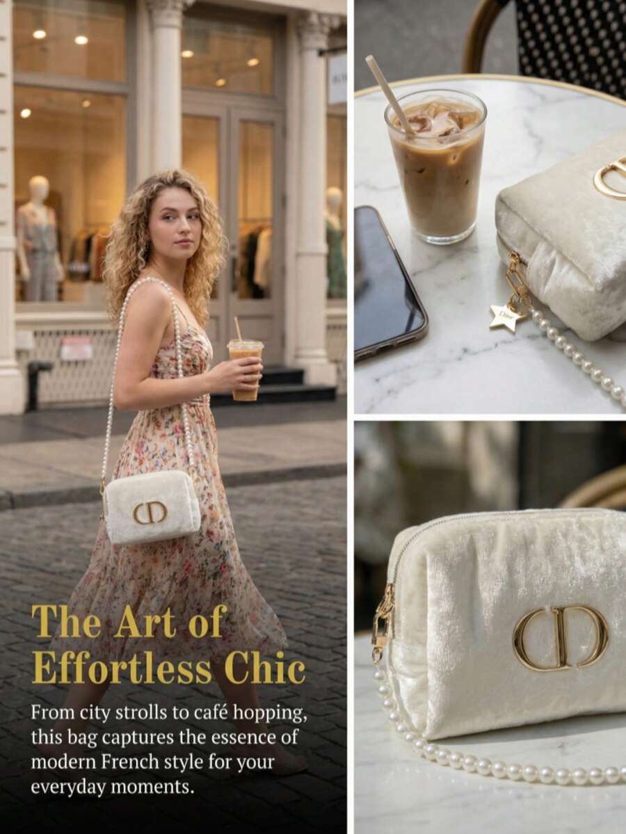 Dior 1pc Detachable Pearl Chain Mini Cream Velvet Shoulder Bag - Luxury Elegant Style, Metal CD Logo Badge And Star Charm Details, Rectangular, Multifunctional Evening Bag Suitable For Weddings And Events