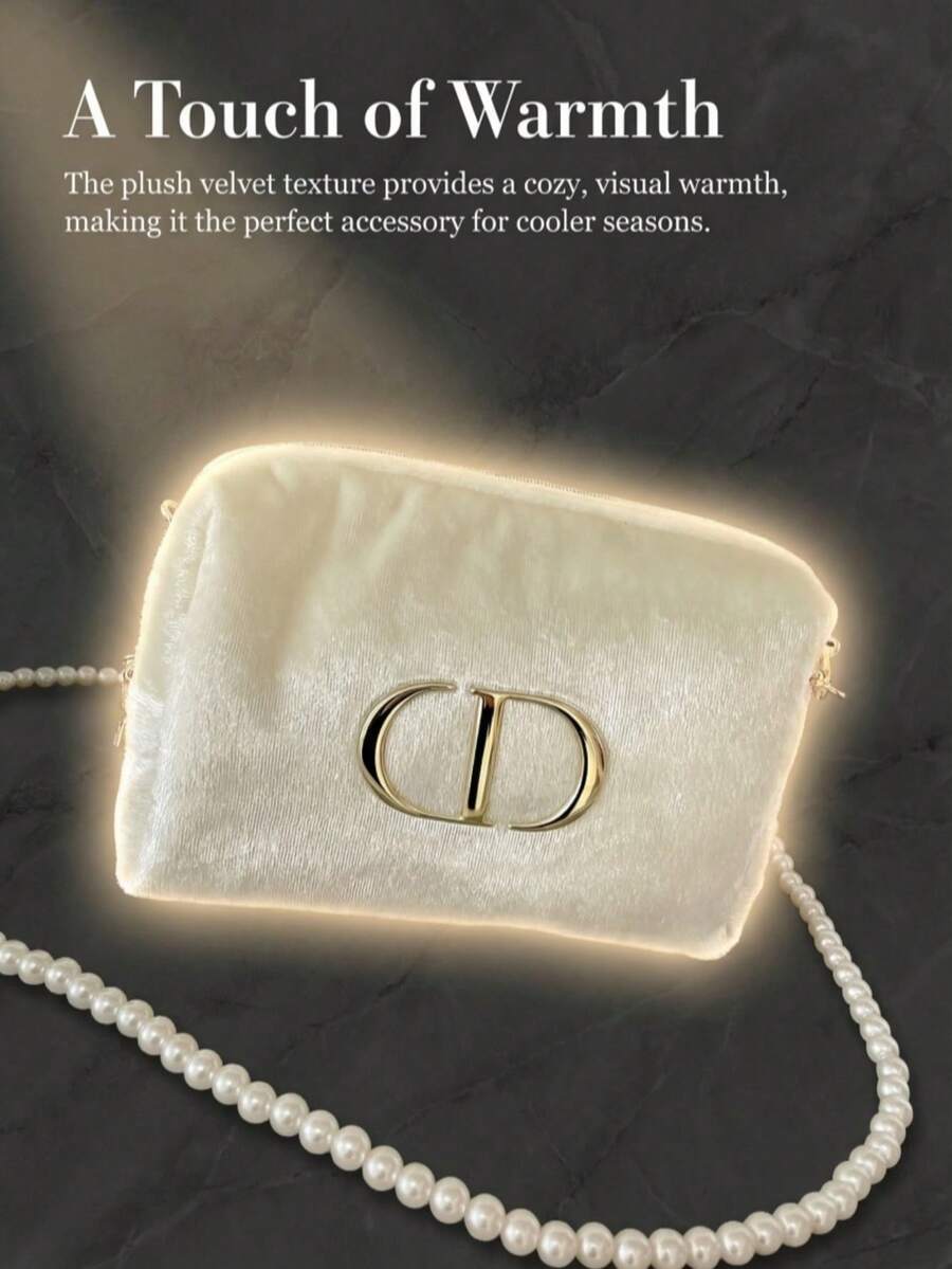 Dior 1pc Detachable Pearl Chain Mini Cream Velvet Shoulder Bag - Luxury Elegant Style, Metal CD Logo Badge And Star Charm Details, Rectangular, Multifunctional Evening Bag Suitable For Weddings And Events