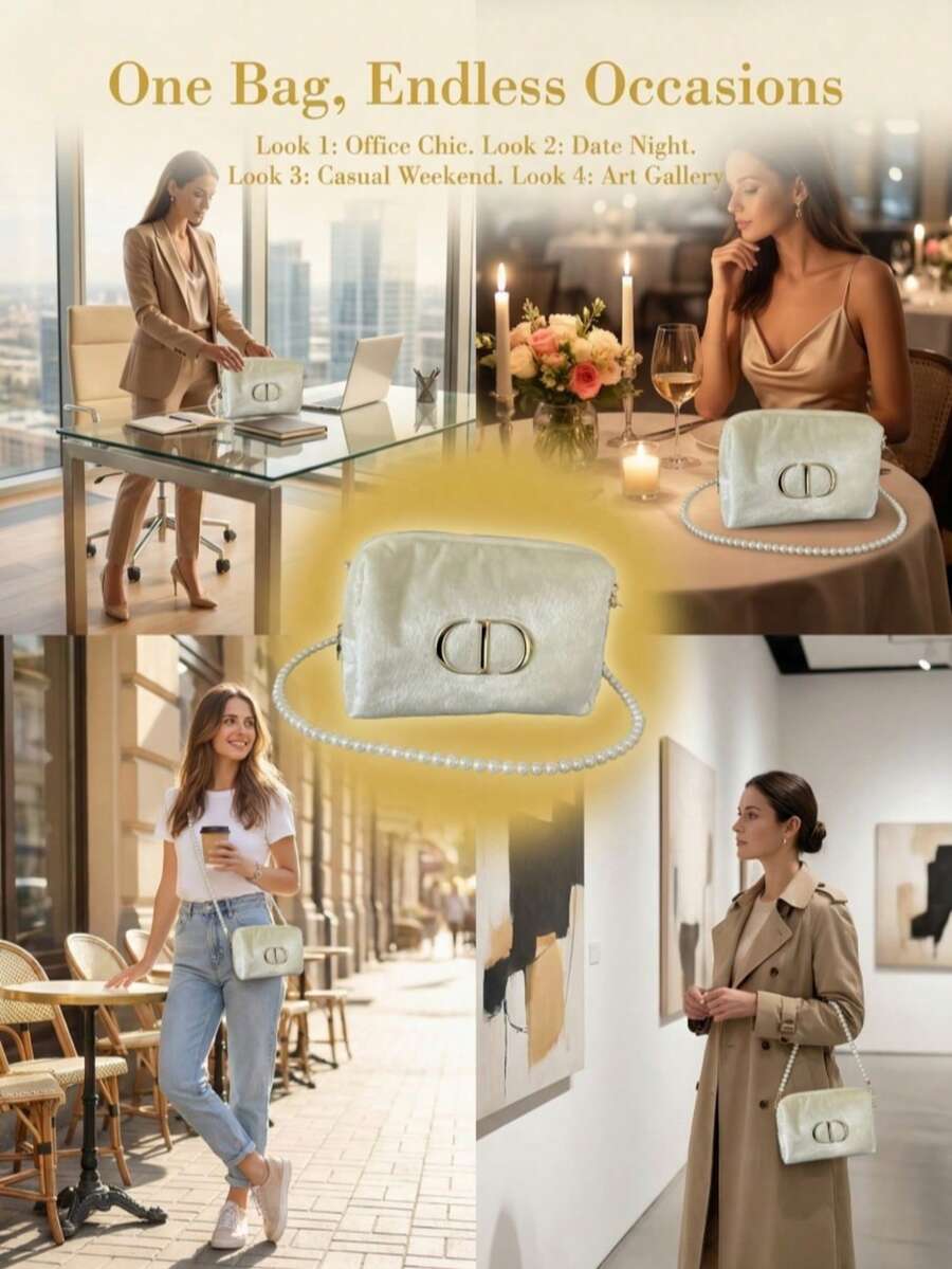 Dior 1pc Detachable Pearl Chain Mini Cream Velvet Shoulder Bag - Luxury Elegant Style, Metal CD Logo Badge And Star Charm Details, Rectangular, Multifunctional Evening Bag Suitable For Weddings And Events