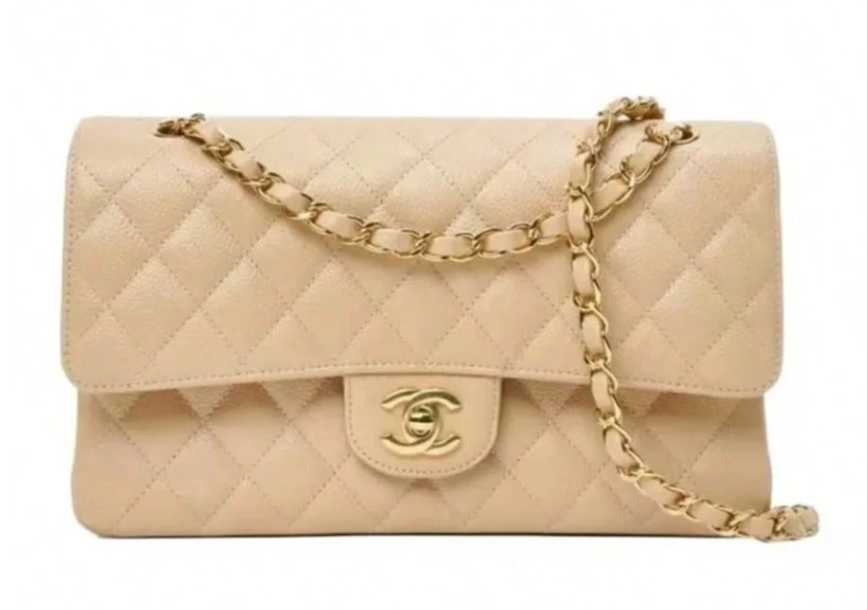 CHANEL Classic Flap CF Chain-Strap Leather Shoulder Bag, Medium Size, Beige