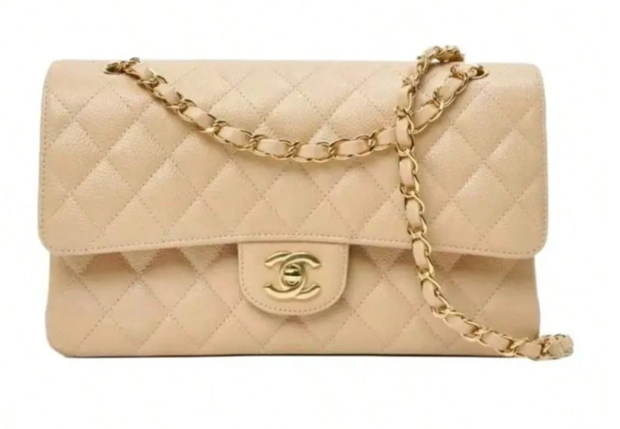 CHANEL Classic Flap CF Chain-Strap Leather Shoulder Bag, Medium Size, Beige